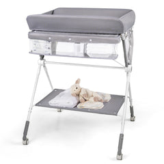 Costway Table à Langer Pliante pour Bébé Table à Langer Portable Réglable en Hauteur sur 4 Niveaux avec Roulettes Étagère et Panier Station Gris