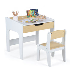 Costway Bureau Enfant avec Chaise 1 Tiroir et 3 Compartiments Table d'Activité Tout-petits avec Espace de Rangement Patins Antidérapants Naturel