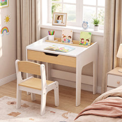 Costway Bureau Enfant avec Chaise 1 Tiroir et 3 Compartiments Table d'Activité Tout-petits avec Espace de Rangement Patins Antidérapants Naturel