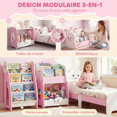 Meuble rangement enfant 3 à 8 ans, rangement jouets enfant modulaire avec porte-magazines à 4 étagères, rose