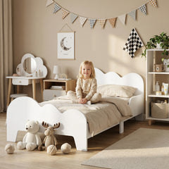 Lit enfant lit au sol enfant 70x140 cm avec barrière de sécurité, sommier à lattes inclus et décorations de nuage, blanc