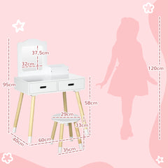 Coiffeuse enfant table de maquillage avec tabouret miroir et 2 tiroirs 3 à 6 ans 60 x 40 x 95 cm blanc et bois