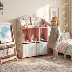 Meuble rangement enfant, bibliothèque enfants avec étagères ouvertes et 2 tiroirs en tissu, MDF, rose