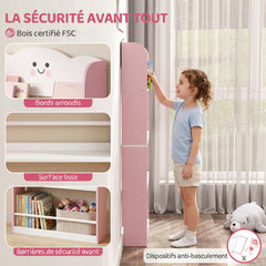 Bibliothèque pour enfant, rangement livre enfant 4 niveaux en thème barbe à papa, 60x12x108cm, rose