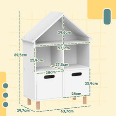 Bibliothèque enfants meuble de rangement enfants 3 niveaux avec deux tiroirs forme de maison 63,7 x 29,7 x 89 cm blanc