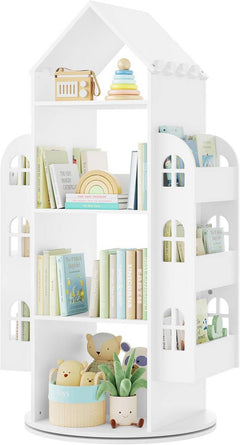 WOLTU Rotating bookshelf for children, with 4 levels, 2 side shelves, house shape, white