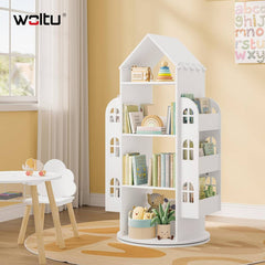 WOLTU Rotating bookshelf for children, with 4 levels, 2 side shelves, house shape, white