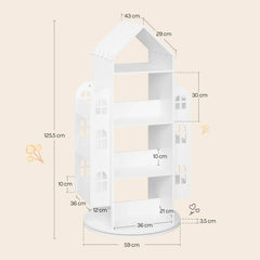 WOLTU Rotating bookshelf for children, with 4 levels, 2 side shelves, house shape, white