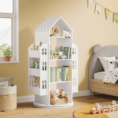 WOLTU Rotating bookshelf for children, with 4 levels, 2 side shelves, house shape, white