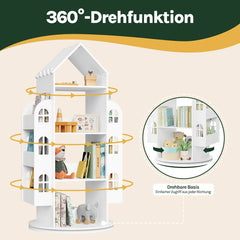 WOLTU Rotating bookshelf for children, with 4 levels, 2 side shelves, house shape, white