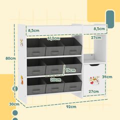 Meuble rangement enfant étagère de rangement pour jouets enfants avec 9 tiroirs en tissu et placard, blanc