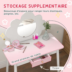 Ensemble coiffeuse pour enfant avec tabouret, coiffeuse 2 pièces pour enfants de 3 à 6 ans, miroir forme de nuage, blanc