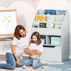 Bibliothèque étagère Multi-Rangement 3 étagères 2 niches Grand tiroir en bois Gris