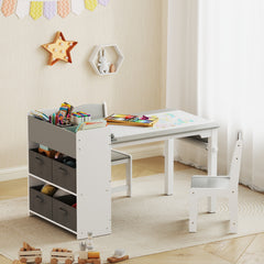 Ensemble table et 2 chaises enfant en bois avec rouleau de papier, étagères et tiroirs, pour fille garçon 3-8 ans, gris