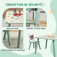 Table et 2 chaises pour enfants 3-8 ans ensemble 3 pièces motif animaux pour chambre à coucher salle de jeux vert