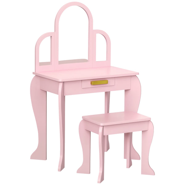 Coiffeuse pour enfant avec tabouret 3 miroirs et tiroir 3 à 6 ans 52 x 32 x 85 cm rose