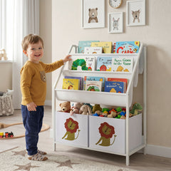Bibliothèque pour Enfants à 4 Niveaux, Étagère à Livres pour Enfants avec Porte-Livres et Tiroir en Tissu, Blanc