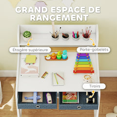 Bureau enfant avec chaise, table enfant et chaise avec 2 tiroirs en tissu et porte-gobelet, 62,8x55,6x73,8cm, blanc