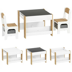 Ensemble 3 pièces table et 2 chaises pour enfant avec plateau réversible tableau noir, panier de rangement, étagères