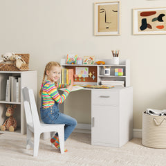 Bureau enfant avec chaise, table enfant et chaise, tiroir, placard, compartiments ouverts, tableau en liège, blanc