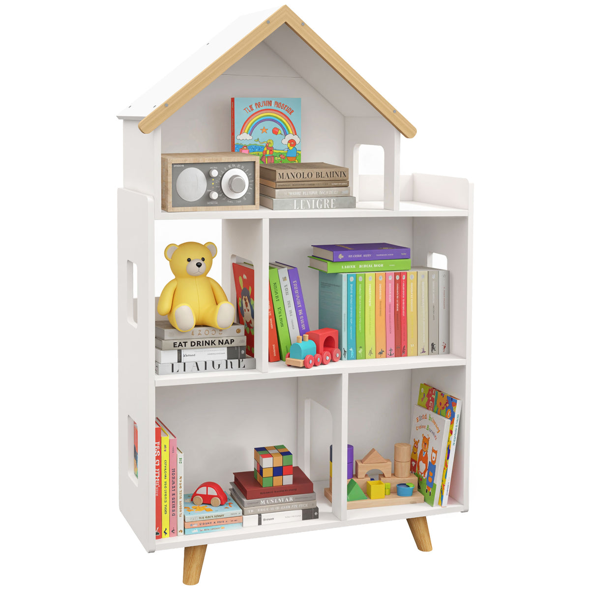 Étagère de rangement pour jouet enfant et livres forme de maison 3 niveaux  65 x 25 x 108,5 cm blanc et naturel