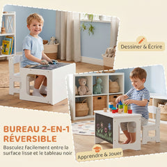 Bureau et Chaise pour Enfant avec Plateau Réversible Tableau Noir, 3 à 6 Ans, Blanc