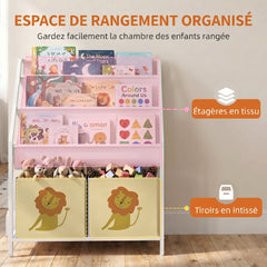 Bibliothèque pour Enfants à 4 Niveaux, Étagère à Livres pour Enfants avec Porte-Livres et Tiroir en Tissu, Blanc