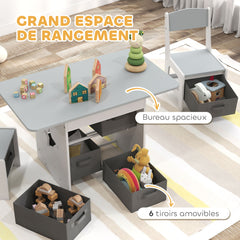 Ensemble table et 2 chaises enfant avec 6 tiroirs amovibles, pour fille garçon 3-8 ans, gris