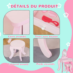 Coiffeuse Enfant Design Girly avec Motifs à Coeur - Tabouret Inclus - dim. 60L x 36l x 88H cm - tiroir, Miroir - MDF - Rose