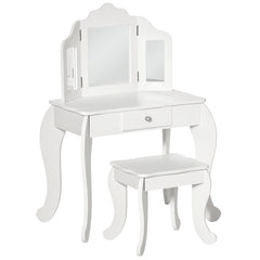 Coiffeuse Enfant avec Tabouret, Coiffeuse Bureau 2 en 1 Miroir triptyque et tiroir Coulissant Blanc Acrylique