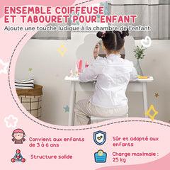 Ensemble coiffeuse pour enfant avec tabouret, coiffeuse 2 pièces pour enfants de 3 à 6 ans, miroir forme de nuage, blanc