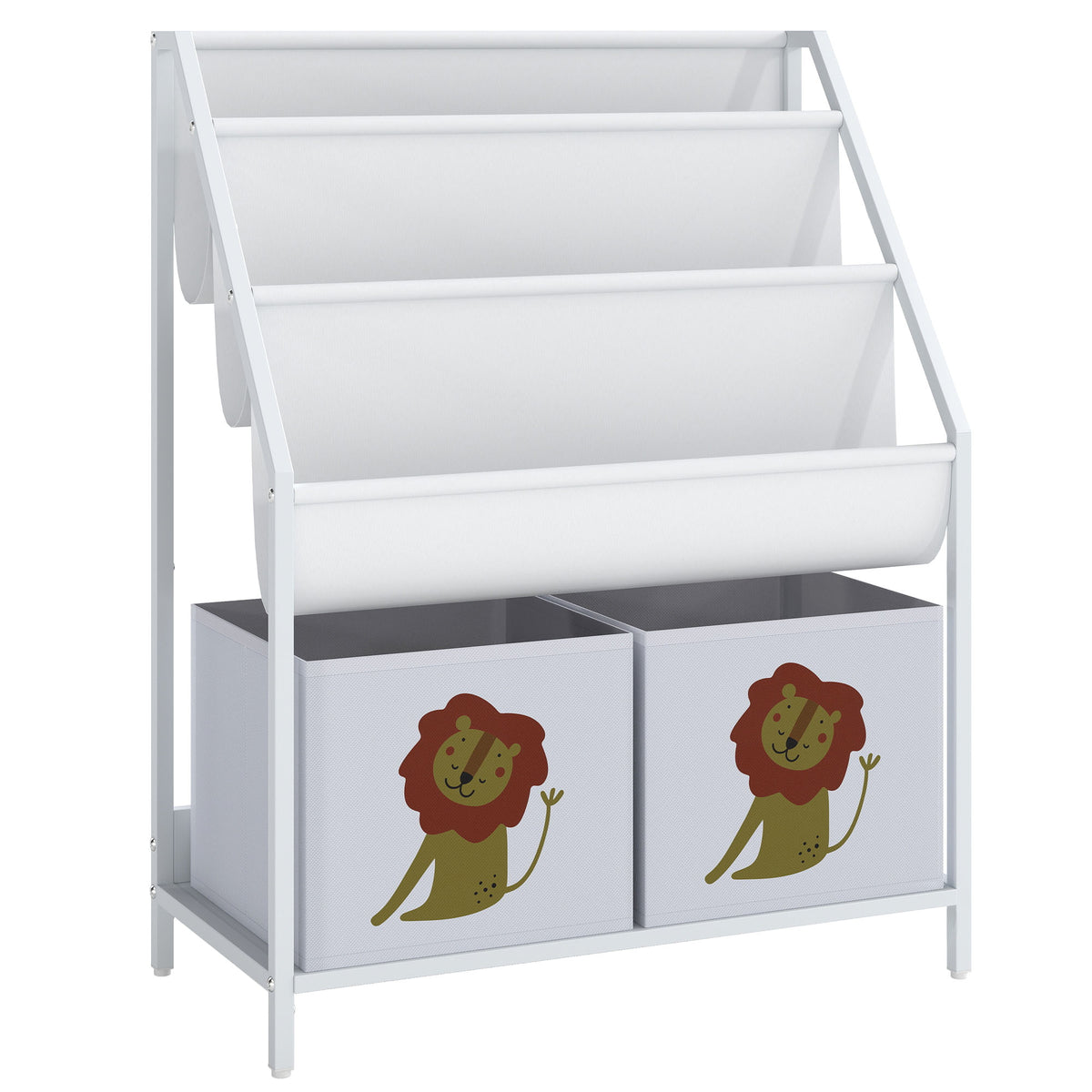 Bibliothèque pour Enfants à 4 Niveaux, Étagère à Livres pour Enfants avec Porte-Livres et Tiroir en Tissu, Blanc