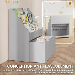 Bibliothèque pour enfants Multi-Rangement avec 3 niveaux d'étagères et un tiroir, 62,5L x 30l x 70H cm, gris