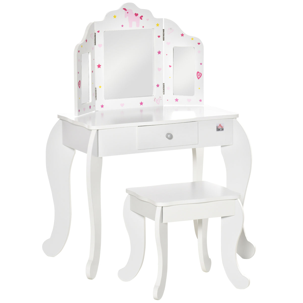 Coiffeuse Enfant avec Tabouret, Miroir triptyque et tiroir Coulissant - Coiffeuse dim. 63L x 40l x 85,5H cm