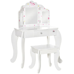 Coiffeuse Enfant avec Tabouret, Miroir triptyque et tiroir Coulissant - Coiffeuse dim. 63L x 40l x 85,5H cm