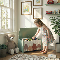 Coffre à jouet enfant coffre de rangement enfant couvercle rabattable motif de forêt coins arrondis 60 x 37 x 39 cm vert
