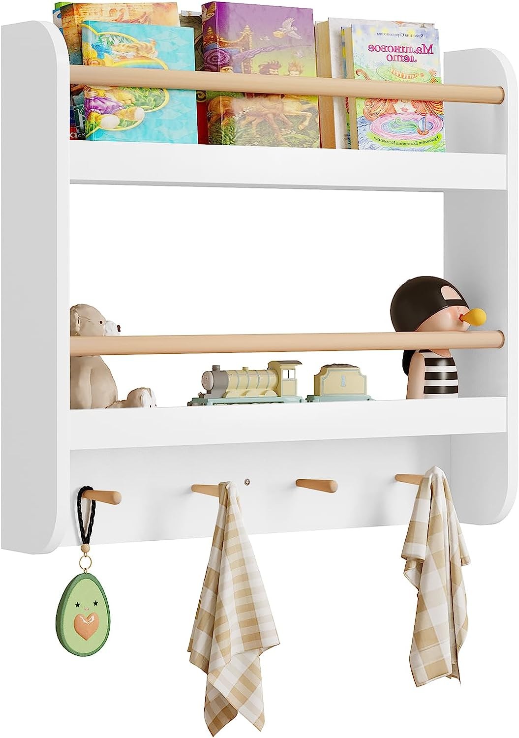 WOLTU Bibliothèque Enfants, Étagère à Jouets avec 2 Niveaux, 4 Crochets, 60x55x12 cm, en MDF