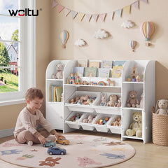 WOLTU Children's bookcase, wooden bookcase, toy rack with 6 plastic drawers, white