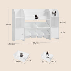 WOLTU Children's bookcase, wooden bookcase, toy rack with 6 plastic drawers, white