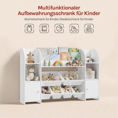 WOLTU Children's bookcase, wooden bookcase, toy rack with 6 plastic drawers, white