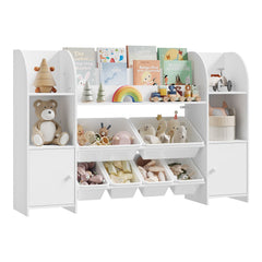 WOLTU Children's bookcase, wooden bookcase, toy rack with 6 plastic drawers, white