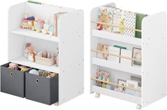 WOLTU Étagère pour Enfants, Bibliothèque 2 en 1, avec Boîtes, Étagère de Rangement sur Roulettes, en Bois, Blanc