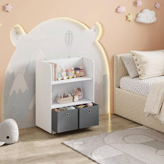 WOLTU Étagère pour Enfants, Bibliothèque 2 en 1, avec Boîtes, Étagère de Rangement sur Roulettes, en Bois, Blanc