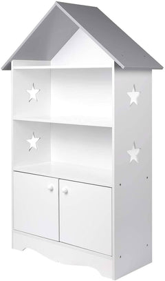 WOLTU Étagère pour Enfants pour Livres avec Portes, Étoiles &amp; Toit, Blanc-Gris
