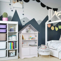 WOLTU Étagère pour Enfants pour Livres avec Portes, Étoiles &amp; Toit, Blanc-Gris