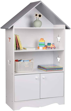WOLTU Étagère pour Enfants pour Livres avec Portes, Étoiles &amp; Toit, Blanc-Gris