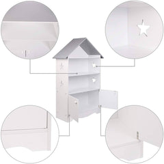WOLTU Étagère pour Enfants pour Livres avec Portes, Étoiles &amp; Toit, Blanc-Gris