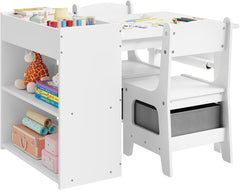WOLTU Children’s seating set: children’s table with 2 chairs, storage space, toilet roll holder, white