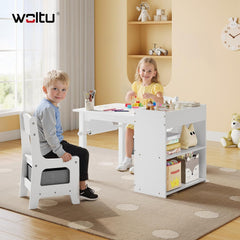 WOLTU Children’s seating set: children’s table with 2 chairs, storage space, toilet roll holder, white