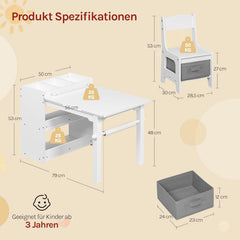 WOLTU Children’s seating set: children’s table with 2 chairs, storage space, toilet roll holder, white